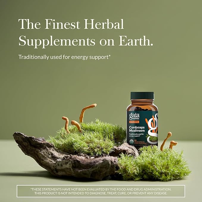 Gaia Herbs Cordyceps Mushroom - Traditionally Used to Support Sustaining Energy &amp Endurance* - One Daily with Organic Cordyceps Mushroom - 40 Vegan Liquid Phyto-Capsules (40 Servings)