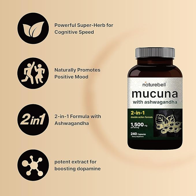 Mucuna Pruriens Capsules Triple Strength 1500mg Per Serving 2 in 1 Formula Made with Mucuna and Ashwagandha 240 Capsules Potent Seed Extract Positive Mood Relaxation &amp Restoration Support