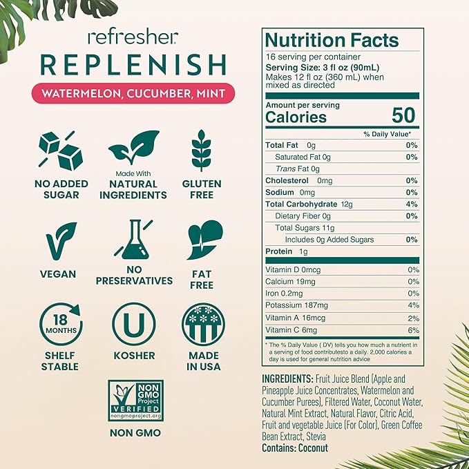 Smartfruit Replenish Refresher – Watermelon Cucumber Mint – Made with Real Fruit Juice No Added Sugar Coconut Water for Hydration Green Coffee Bean Extract for Natural Energy – 48oz Drink Mix