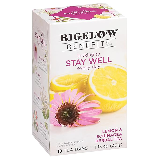 Bigelow Benefits Stay Well Lemon and Echinacea Herbal Tea Caffeine Free 18 Count (Pack of 6) 108 Total Tea Bags