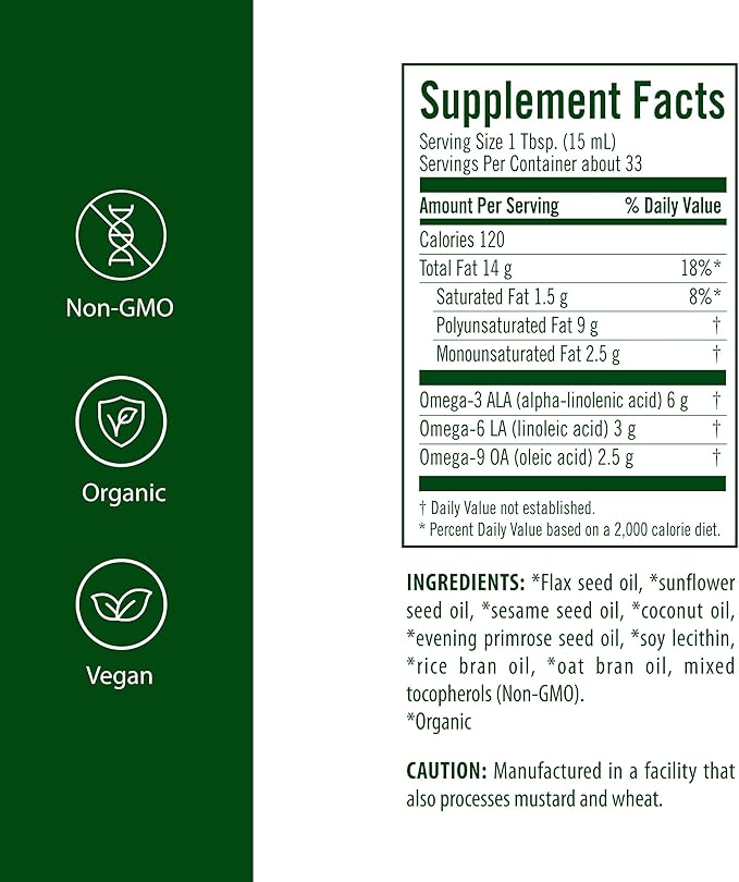 Flora - Udo's Choice Omega 369 Oil Blend Made with Organic Flax Sesame &amp Sunflower Seed Oils Plant-Based Vegan Omega Fatty Acids Based on Ideal 2:1:1 Ratio 17-fl oz. Glass Bottle