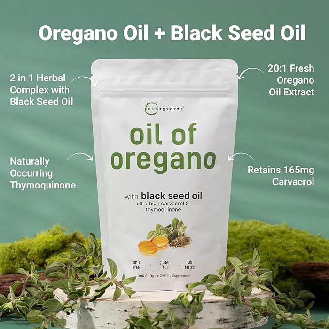 Micro Ingredients Oil of Oregano Softgels 300 Count | 2 in 1 Formulated with Black Seed Oil | 4X Strength Carvacrol &amp Thymoquinone | Plant Based Non-GMO