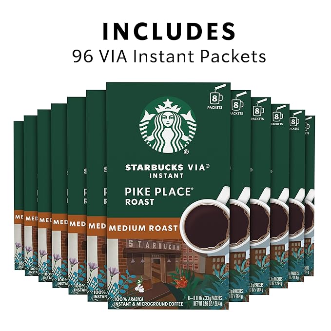 Starbucks VIA Instant Coffee Packets Single Serve Medium Roast Coffee Pike Place Roast 96 Packets
