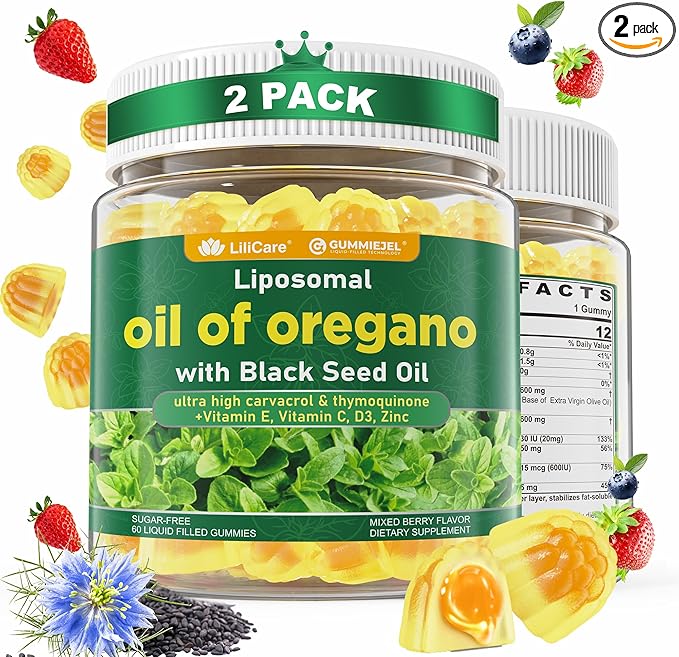 Oil of Oregano with Black Seed Oil Filled Gummies Aceite De Oregano Capsulas Alternative Carvacrol &amp Thymoquinone with Vitamin E C D3 Zinc Liposomal Form Sugar Free 2 Pack