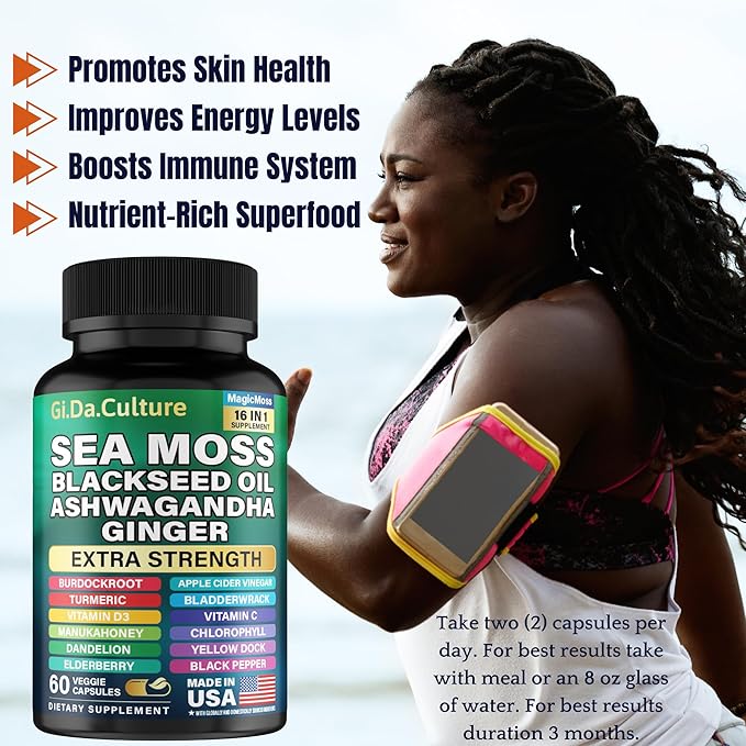 Organic Sea Moss Capsules - Organic Irish Sea Moss Black Seed Oil Ashwagandha Ginger Burdock Root Bladderwrack Turmeric Black Pepper Vitamin C D3-60 Veggie Capsules for Men &amp Women
