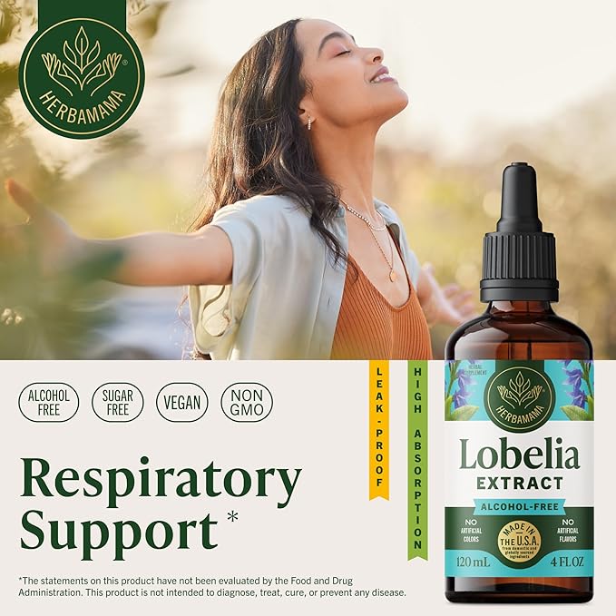 HERBAMAMA Lobelia Tincture - Vegan Lobelia Leaf Extract for Lung Cleanse &amp Detox - Respiratory Lung Support Drops - Non-GMO Alcohol &amp Sugar-Free Respiratory Support Supplement