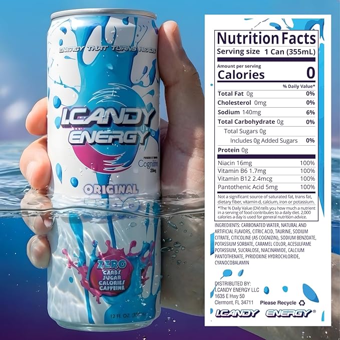 I.CANDY ZERO Energy Drink Caffeine Free Sugar Free Energy Drinks 24 Pack 12 oz Cans Zero Sugar Zero Calorie 250mg Cognizin Citicoline No Caffeine Mental Focus Energy