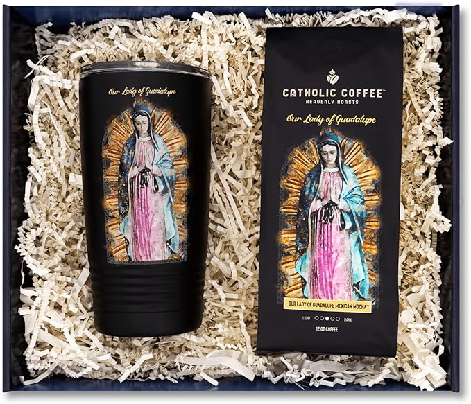 Catholic Coffee Our Lady of Guadalupe Mexican Spiced Chocolate Medium Roast Ground Coffee &amp Tumbler Gift Set – 12oz Bag Christmas Gift for Coffee Lovers Catholic Holiday Box