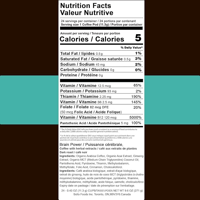 SOLLO Brain Power Dark Coffee Pods MCT &amp Essential nutrition Nootropic Brain Booster For Memory &amp Focus Compatible with 2.0 K-Cup Keurig Brewers 24 Count