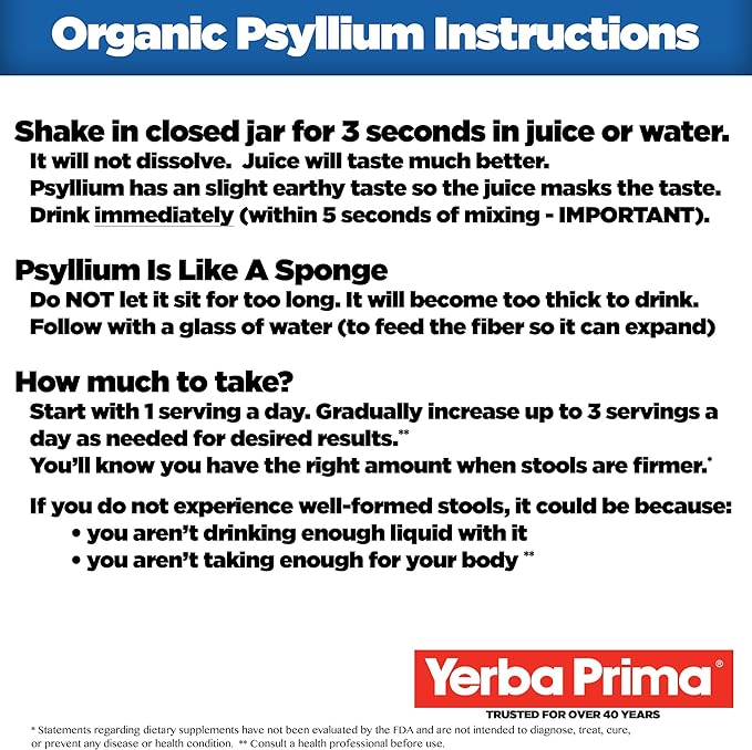Yerba Prima Organic Psyllium Whole Husks Colon Cleanser - 20 oz - Natural Daily Dietary Fiber Supplement 20oz Colon Cleanser Regularity &amp Detox Cleansing Support Gluten Free Non GMO Vegan
