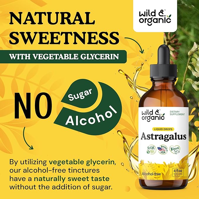 Wild &amp Organic Astragalus Root Extract Drops - Immune Support - Liquid Astragalus Supplement - Add to Tea &amp Mix with Powder - Membranaceus Herb - Vegan Sugar &amp Alcohol-Free Tincture - 4 f