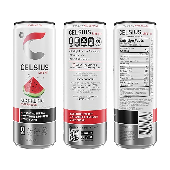 CELSIUS Sparkling Watermelon Functional Essential Energy Drink 12 Fl Oz (Pack of 12)