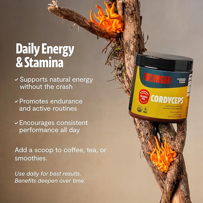 FreshCap Mushrooms Cordyceps Mushroom Powder 10000mg - Mushroom Extract Immunity Supplement Ayurveda Nootropic Mushroom Supplements (60 Servings)