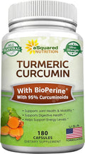aSquared Nutrition Turmeric Curcumin 1600mg with BioPerine Black Pepper Extract - 180 Capsules with 95% Curcuminoids 100% Natural Tumeric Root Powder Supplements Natural Joint Stiffness Relief Pills