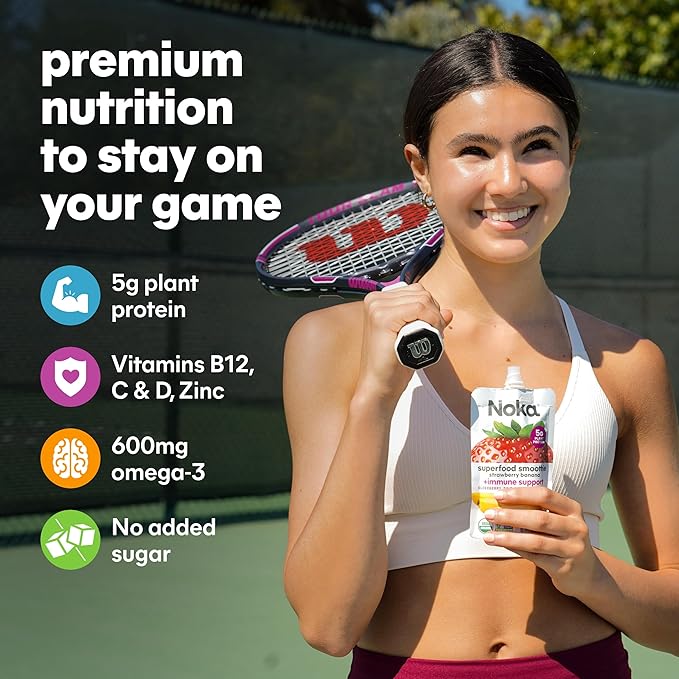 Noka Superfood Fruit Smoothie Pouches Strawberry Banana Healthy Snacks with Flax Seed Prebiotic Fiber and Plant Protein Vegan and Gluten Free Organic Squeeze Pouch 4.22 oz 24 Count