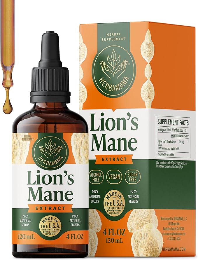 HERBAMAMA Lions Mane Tincture - Vegan Focus &amp Nerve Support with Lion's Mane Mushroom Extract - Hericium Erinaceus Brain Support Supplement - Non-GMO Alcohol &amp Sugar-Free - 84-Day Supply