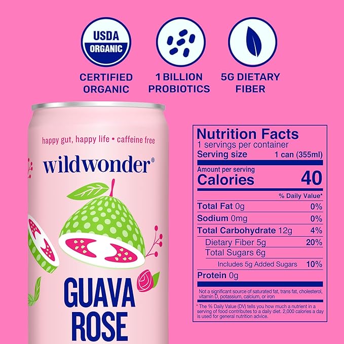 wildwonder Sparkling Probiotic Drink 12pk for Gut Health &amp Immune Support Guava Rose 5 G Prebiotic Fiber Live Probiotics Organic Vegan Low Sugar 12 Pack 12 Oz Can As Seen on Shark Tank