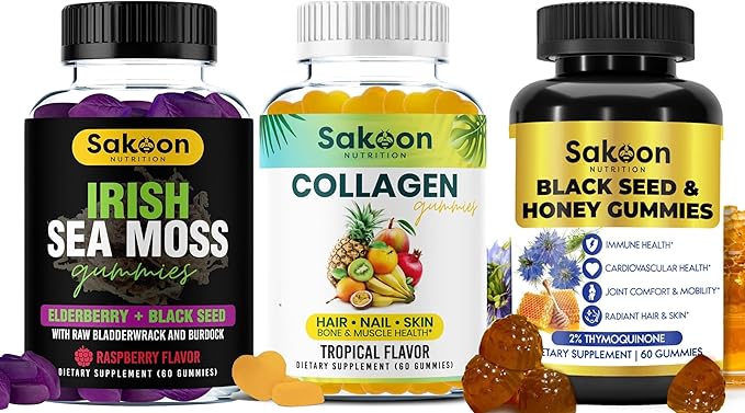 Sakoon nutrition Black Seed Oil Halal Collagen &amp Kids’ Elderberry Gummies – 3-in-1 Bundle for Immune Support Anti-Aging Hair &amp Skin Health – Non-GMO Gluten-Free – 60 Gummies Each