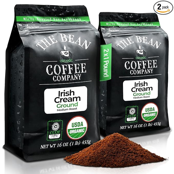 The Bean Organic Coffee Company Irish Cream Medium Roast Ground Coffee 16-Ounce Bags (Pack of 2) Café molido tostado orgánico