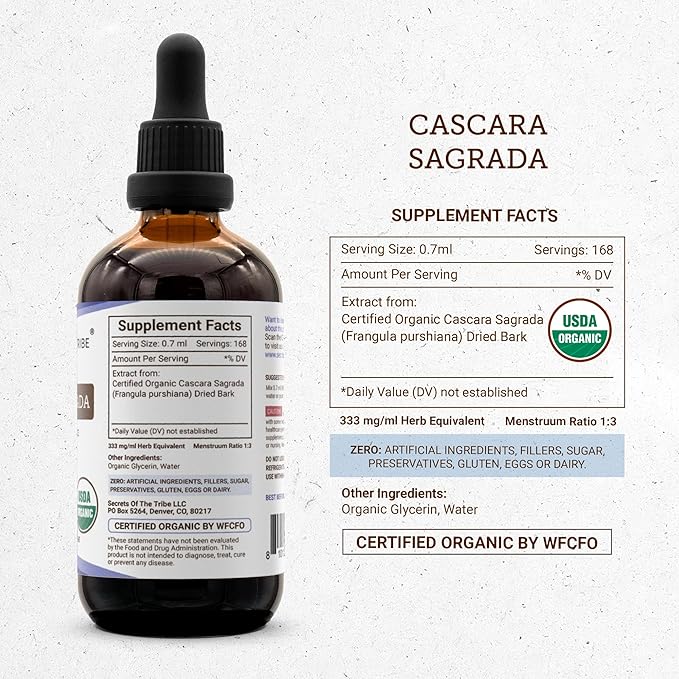 Secrets of the Tribe Cascara Sagrada USDA Organic | Alcohol-Free Extract High-Potency Herbal Drops | Made from 100% Certified Organic Cascara Sagrada (Frangula purshiana) Dried Bark (4 oz)