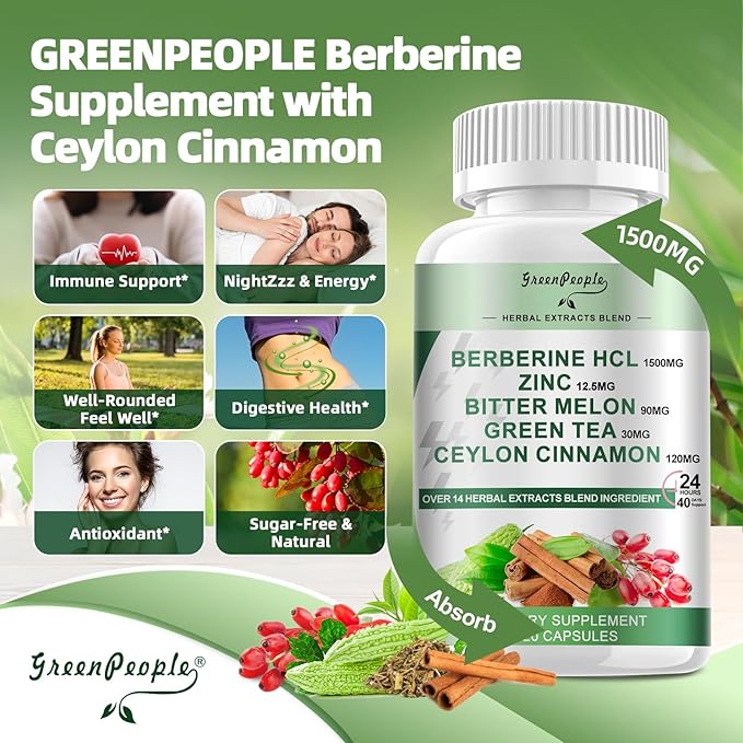 GREENPEOPLE Berberine Supplement with Ceylon Cinnamon - 120 Count Berberine 1500mg Activates AMPK &amp GLP-1 Berberina HCL with Bitter Melon &amp Natural Herbs for Immune Support/Energy