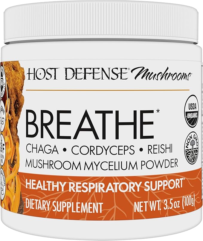 Host Defense Breathe* Powder - Immune &amp Respiratory Support Mushroom Supplement - Herbal Lung Health Support Supplement with Chaga Reishi &amp Cordyceps - 3.5 oz (66 Servings)*
