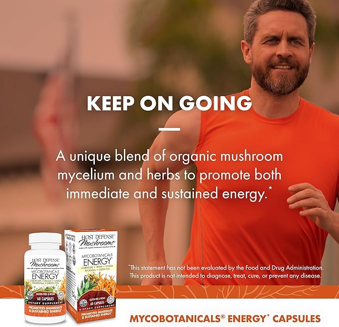 Host Defense MycoBotanicals Energy* Capsules - Energy &amp Respiratory Support Supplement - Herbal Green Tea Capsules - Respiratory Supplement with Cordyceps Reishi &amp Chaga - 60 Capsules (30 Ser