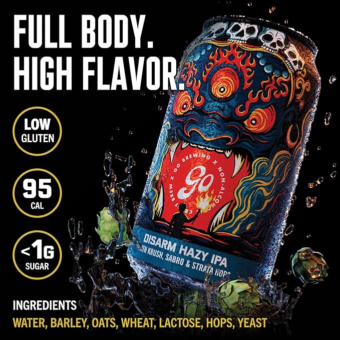 Go Brewing Disarm Hazy IPA Non-Alcoholic Craft Beer 12 Oz – Low-Calorie Full-Bodied Hazy Craft Brew with Zesty Citrus and Tropical Fruit Notes – Non-Alcoholic Beer for Any Occasion