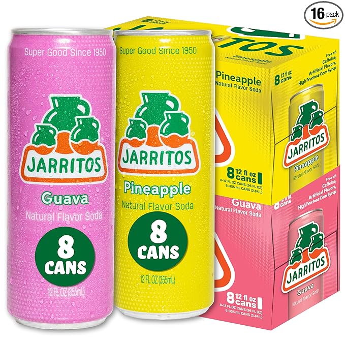 Jarritos Variety Pack of 16-12 oz Cans Authentic Mexican Soft Drink 8 Cans of Refreshing Guava Flavor and 8 Cans of Refreshing Pineapple Flavor