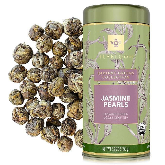 Teabloom Organic Green Tea Jasmine Pearls Loose Leaf Tea Captivating and Aromatic Jasmine Tea USDA Certified Organic and Kosher 5.29 oz/150 g Canister Makes 90-120 Cups
