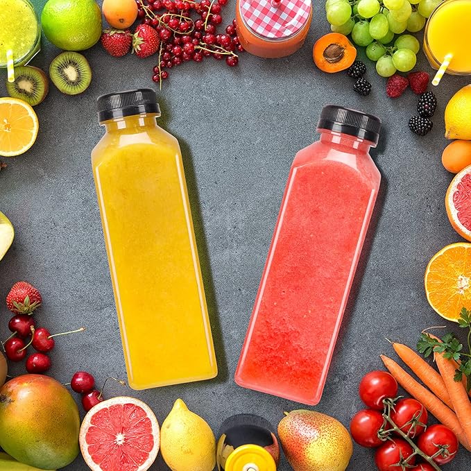 BAKHUK 36pcs 16oz Empty Plastic Juice Bottles with Caps Reusable Clear Bulk Beverage Containers for Juice Milk Smoothie and Other Beverages