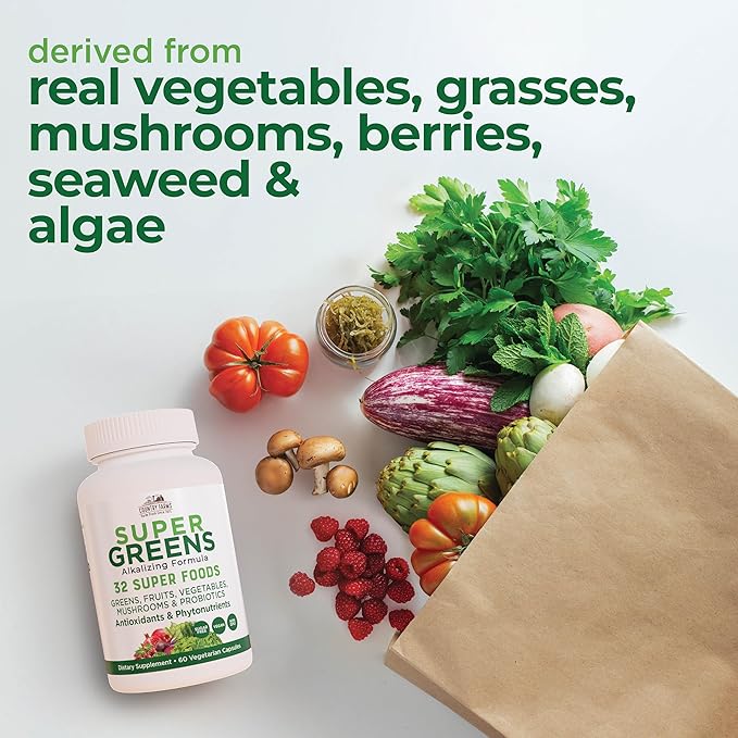 COUNTRY FARMS Super Greens Vegicaps 32 Super Foods Whole Food Supplement Greens Fruit Vegetables Mushrooms &amp Probiotics Rich in Antioxidants &amp Phytonutrients 120 Count 60 Servings