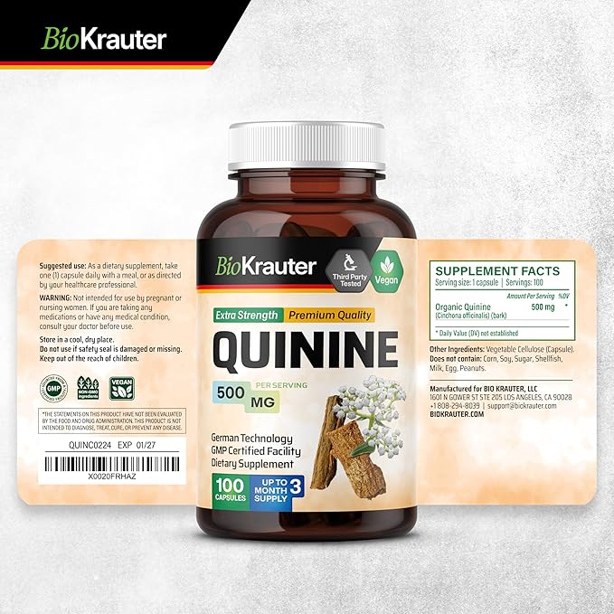 BIO KRAUTER Quinine for Leg Cramps Capsules 500 mg - 100 Count - Cinchona Bark Powder - Quinine Capsules - Vegan No Fillers