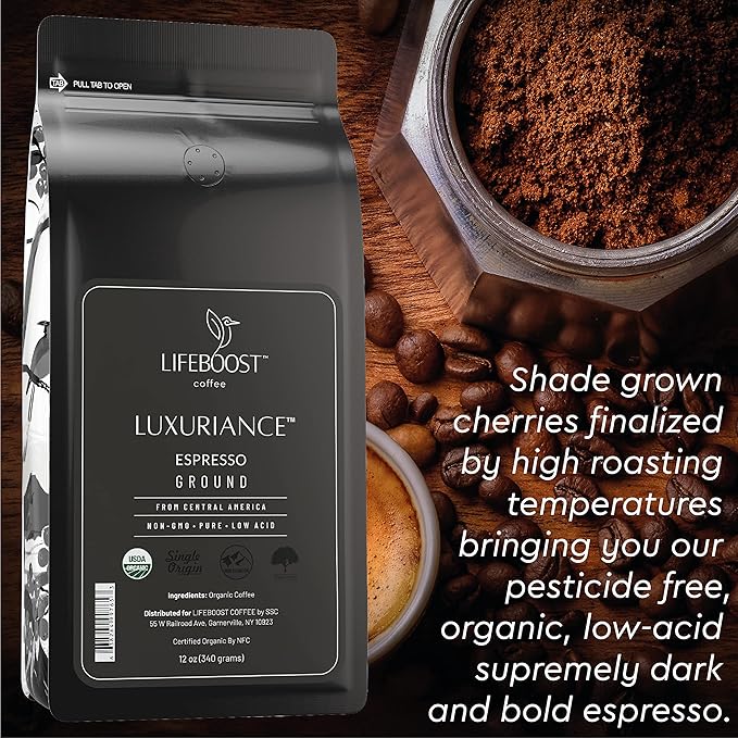 Lifeboost Organic Espresso Ground Coffee - Non-GMO Low Acid Single Origin USDA Shade Grown Organic Espresso Coffee - Third Party Tested For Mycotoxins &amp Pesticides 12oz Bag
