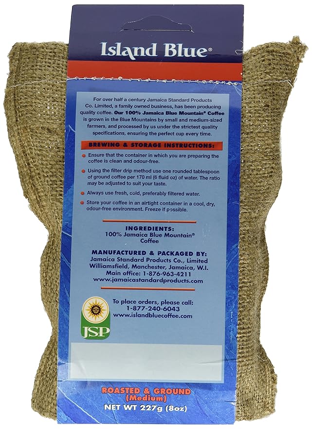 Island Blue 100% Jamaica Blue Mountain Fresh Roasted &amp Ground Coffee Medium Roast Gourmet Coffee Ground Vacuum Packed in a Burlap Bag 8 oz