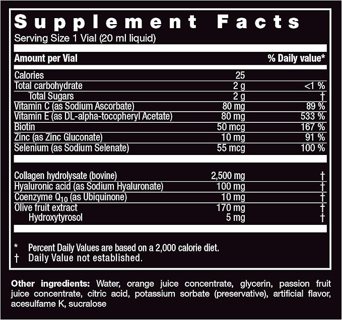 Orthomol Beauty Vial - Liquid Women's Beauty Supplement with Collagen Hydrolysate Hyaluronic Acid and Coenzyme Q10 for Hair Skin and Nail Health