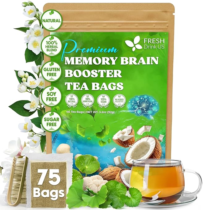 FreshDrinkUS Memory Brain Booster Tea Bags | 75 Count | Ginkgo Biloba Gotu Kola Lion’s Mane Mushroom MCT Coconut Oil | Herbal Blend Tea Bags | Naturally Flavorful No Additives Caffeine-Free