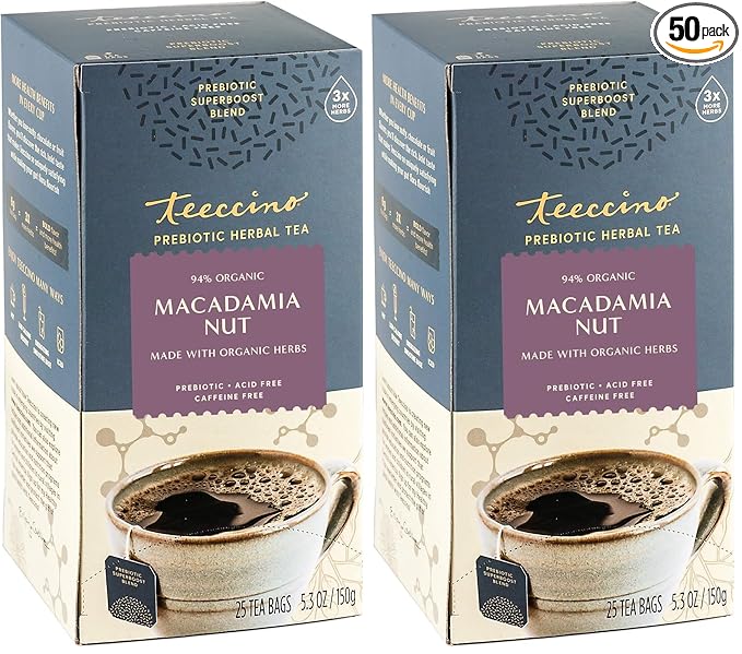 Teeccino Macadamia Nut - Prebiotic SuperBoost™ Herbal Tea - Support Your Probiotics with Vegan GOS &amp Organic XOS For Good Gut Health - Digestive Dessert Tea 25 Tea Bags (Pack of 2)
