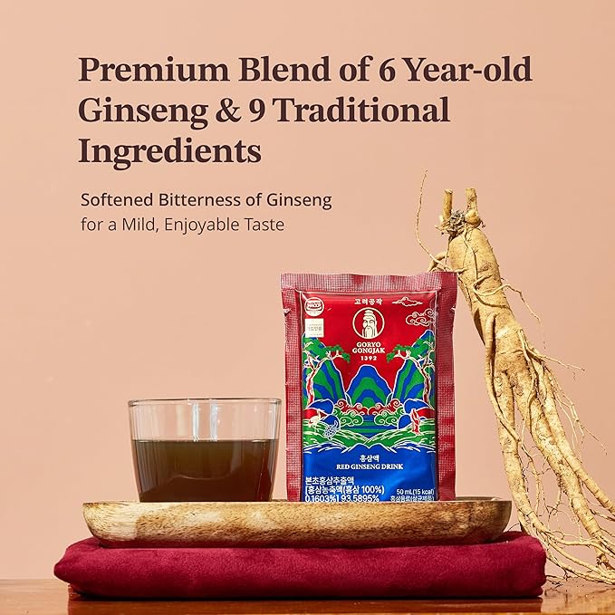 GORYO GONGJAK 1392 Korean Red Ginseng Herbal Energy Drink Made from 6 Year Old Roots | Premium Ginseng Extract | Caffeine Free | Vegan Friendly Korean Gift Set 50ml x 30 Pouches