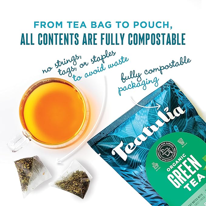 Teatulia Organic Green Tea Bags (50 Pyramid Sachet Teabags) Pure Whole Leaf Natural Green Tea In Bags. Premium 100% Compostable and Sustainably Grown In Bangladesh
