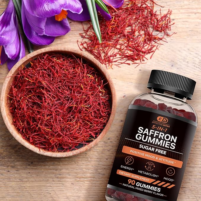 Effective Nutra Saffron Gummies for Adults 88.5mg - Mood Support &amp Stress Relief with GABA Passion Flower - 5-in-1 Formula - Sugar-Free Vegan Non-GMO Made in USA - 90 Count (45-Day Supply)