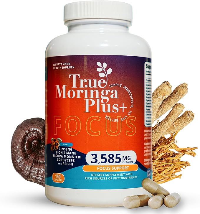 True Moringa Plus+ Focus Support Supplement 10:1 Extract | 20000mg of Organic Moringa Reishi Cordyceps Lion’s Mane Ashwagandha Bacopa Monnieri | Memory &amp Brain Health for Adults (150 Capsule