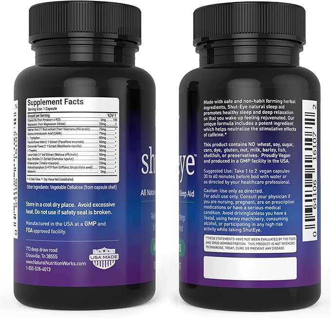 Shut-Eye- The Most Potent Natural Sleep Aid &amp Caffeine Neutralizer! All Natural Non-Addictive Herbal Complex w/Valerian Melatonin Rutaecarpine &amp 10 More