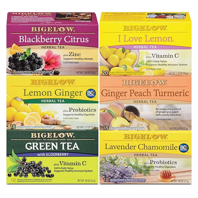 Bigelow Tea Immunity Herbal Tea Variety Pack Caffeinated Green Tea and Caffeine Free Tea Bags for Immune Support (Pack of 6) 110 Total Tea Bags
