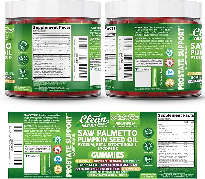 AndroFlow Saw Palmetto and Pumpkin Seed Oil Prostate Health Supplements for Men Pygeum Beta Sitosterol Lycopene Boron Zinc Selenium DIM Stinging Nettle Vitamin D 60 Gummy Supplements by Clean Nutra