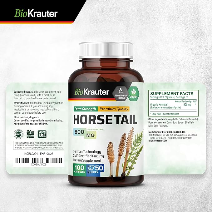 BIO KRAUTER® Horsetail Supplement for Hair Skin &amp Nails - Vegan &amp Pure Horsetail Herb in Capsules 800 mg per Serving 100 Count - Silica Hair Supplement - No Fillers Non-GMO - 50 Days of Supp