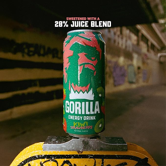 Gorilla Energy Drink Kiwi Strawberry 200mg Natural Caffeine Real Fruit Juice Squeezed &amp Concentrated L-Theanine Taurine Ginseng Acetyl L-Carnitine No Added Sugar and No Artificial Colors