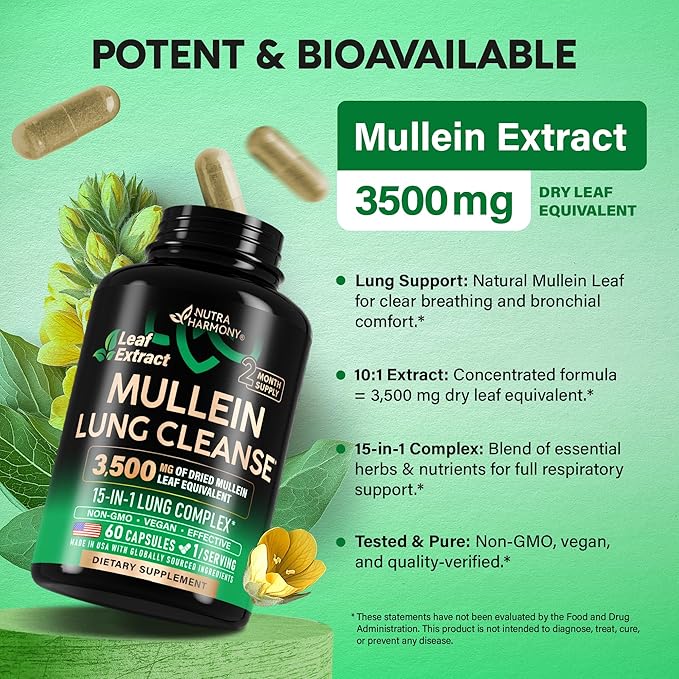 Mullein Lung Detox - Mullein Leaf Extract - Marshmallow Root | Echinacea | Oregano | Quercetin | NAC - 15-in-1 Lung Support &amp Cleanse for Smokers Supplement - Made in USA - As Drops - 60 Capsules