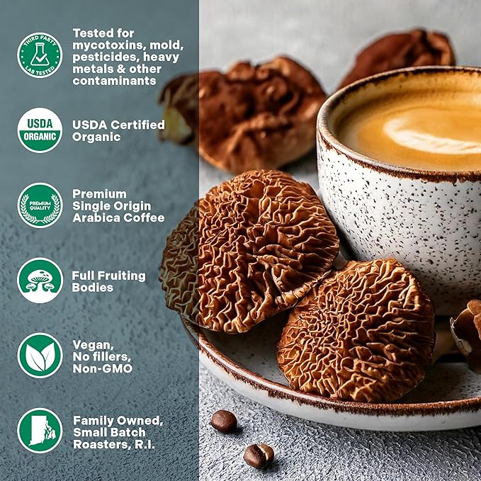 Organic Mushroom Coffee 3 Bag Gift Box Set Lion's Mane &amp Chaga Red Reishi &amp Chaga Decaffeinated Turkey Tail &amp Cordyceps Immune Support &amp Overall Wellbeing Dark Roast 36oz Ground