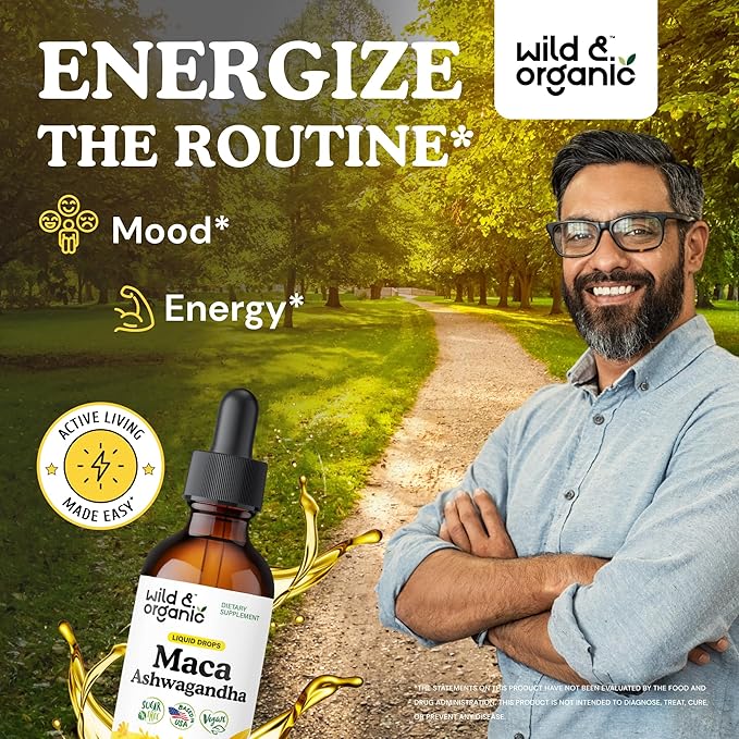 Wild &amp Organic Maca Ashwagandha Drops for Men and Women - Peruvian Maca Root and Ashwagandha Tincture for Overall Support - Vegan Sugar &amp Alcohol-Free Extract Supplement - 2 fl oz